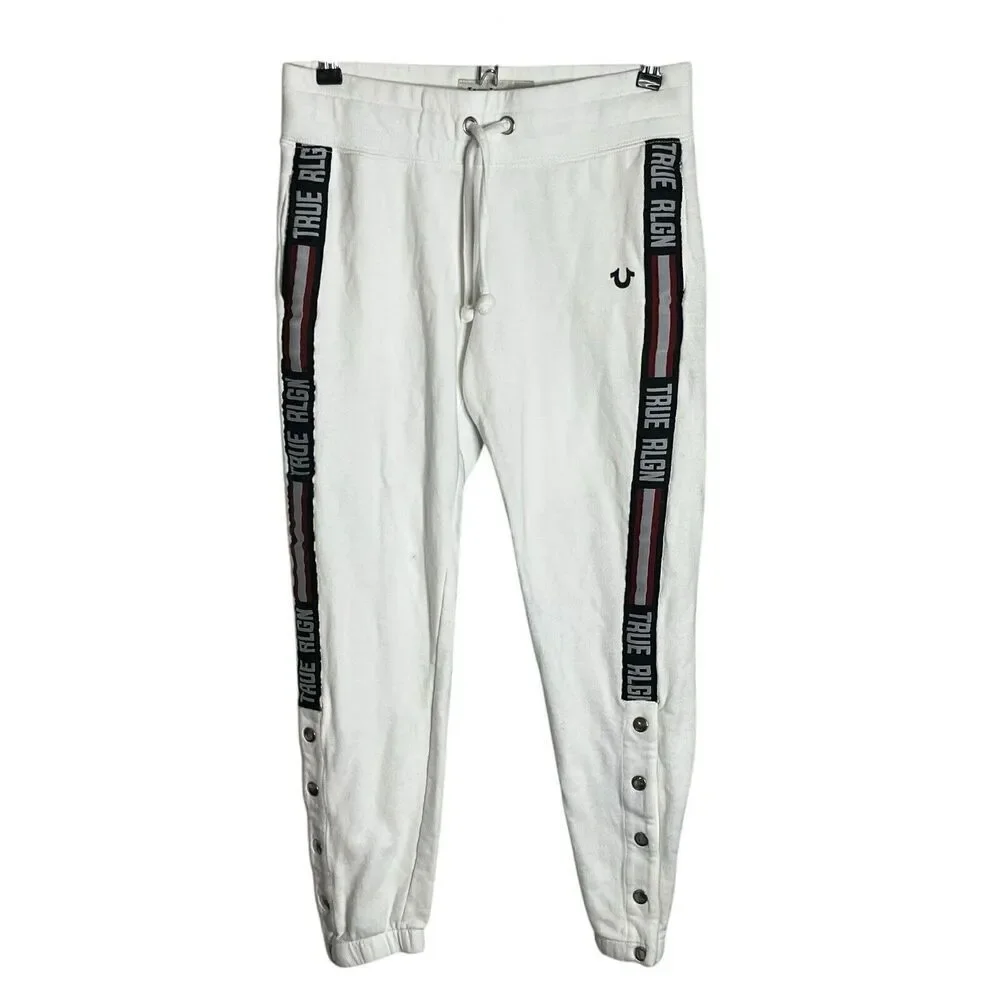 True Religion Spell Out Joggers Pants Women's XS Logo Pockets Tapered White - Picture 1 of 8